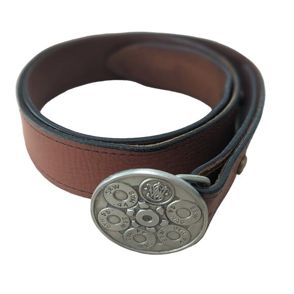 Vintage 38" Smith & Wesson Firearms Leather Belt w .44 Magnum Revolver Buckle - Picture 1 of 9